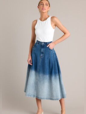 Dip-Dye A-Line Denim Midi Skirt - Blue